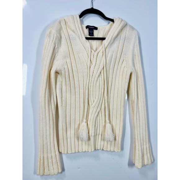 Express Knit Sweater Hooded Long Sleeve Slim Fit Cream Y2K Preppy Casual Women L - Picture 1 of 7